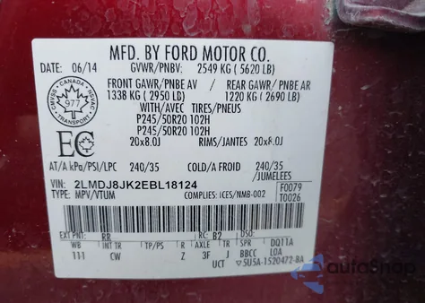 2014 Lincoln Mkx from USA, damaged, VIN 2LMDJ8JK2EBL18124